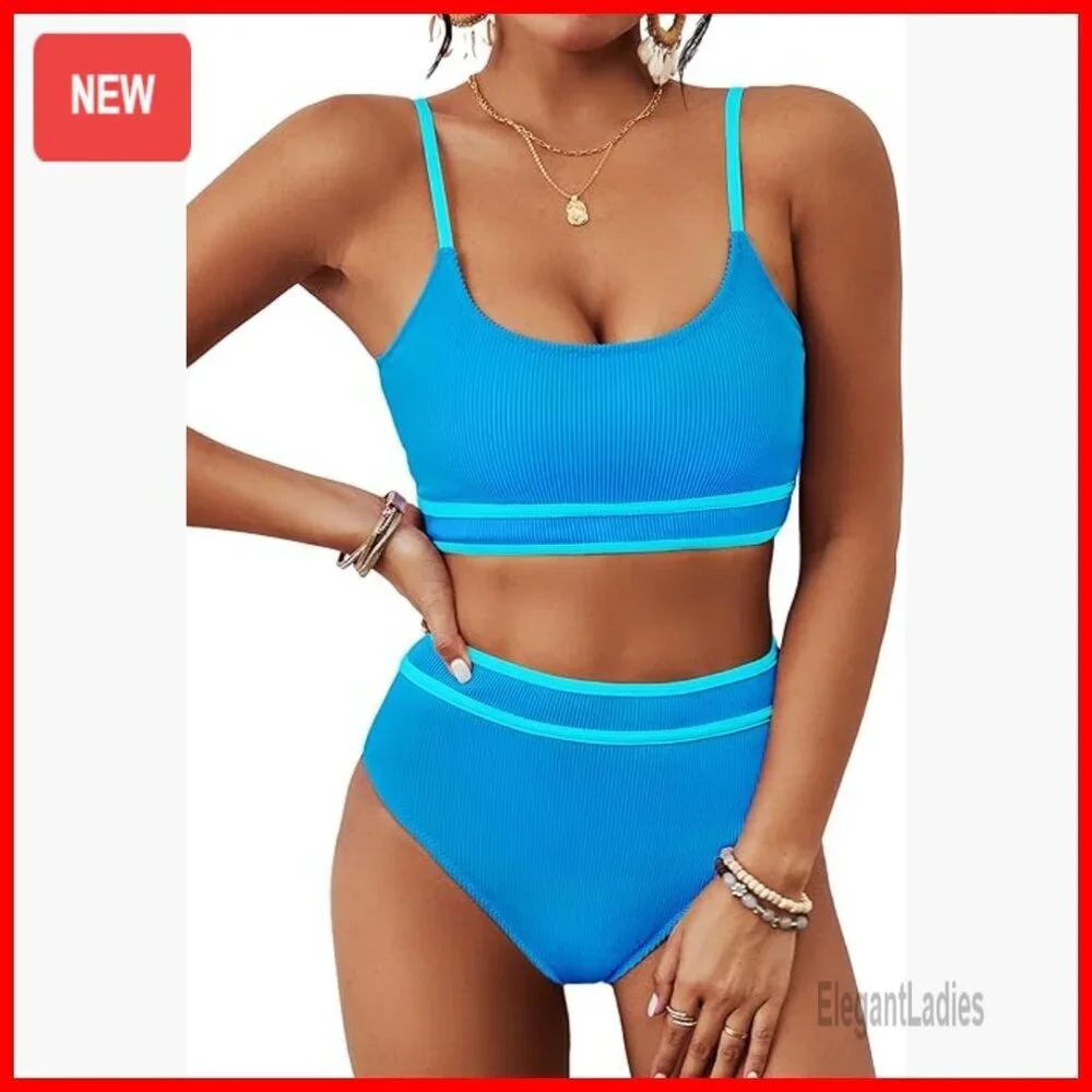 High Waisted Ribbed Bikini Set Adjustable Straps Medium Recycled Material